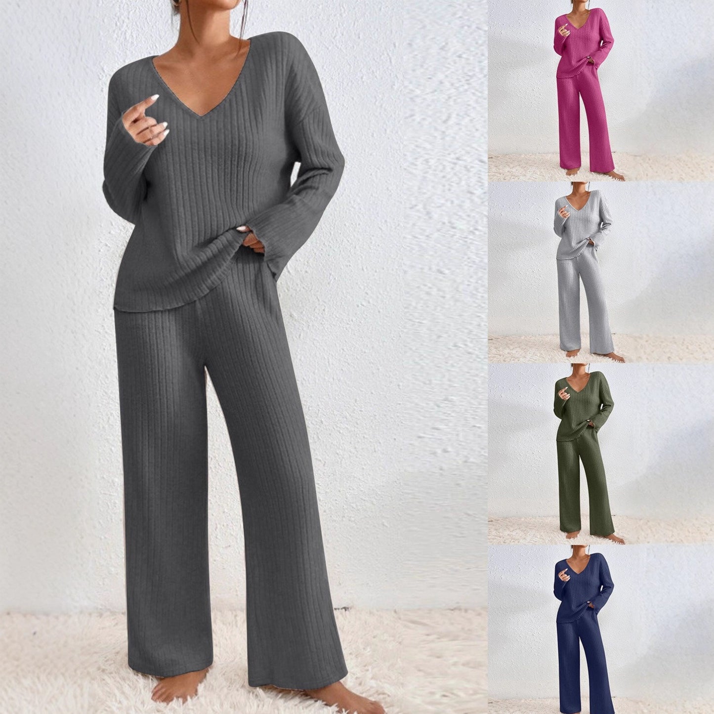 Women's V-Neck Knitted Striped Lounge Set - Long Sleeve