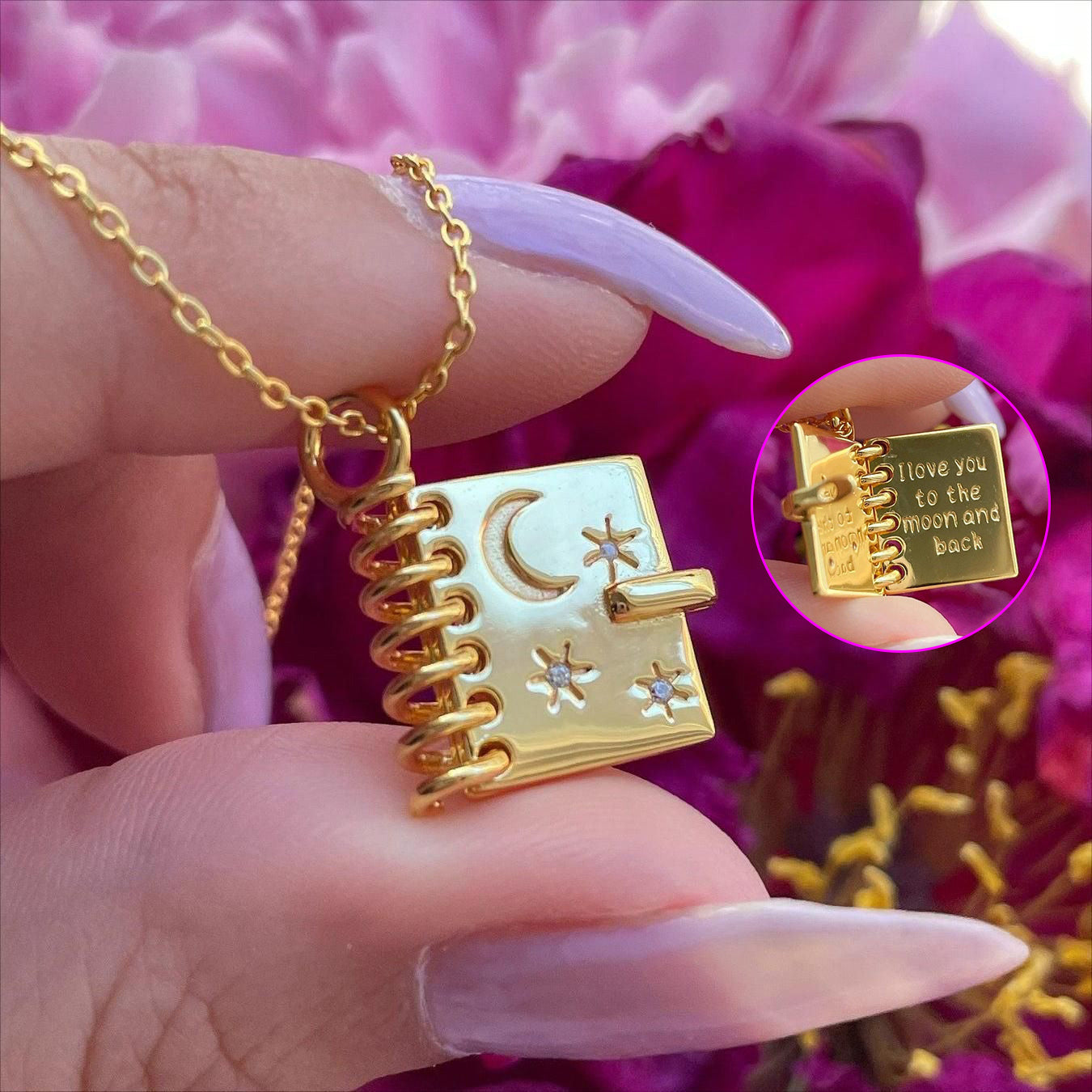 Love Book Locket Necklace - Engraved Stars & Moon Pendant