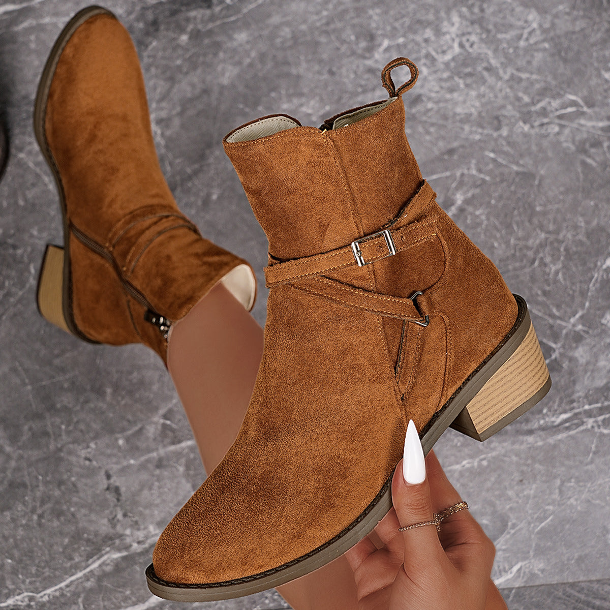 Women's Cross-strap Side Zipper Mid-heel Ankle Boots