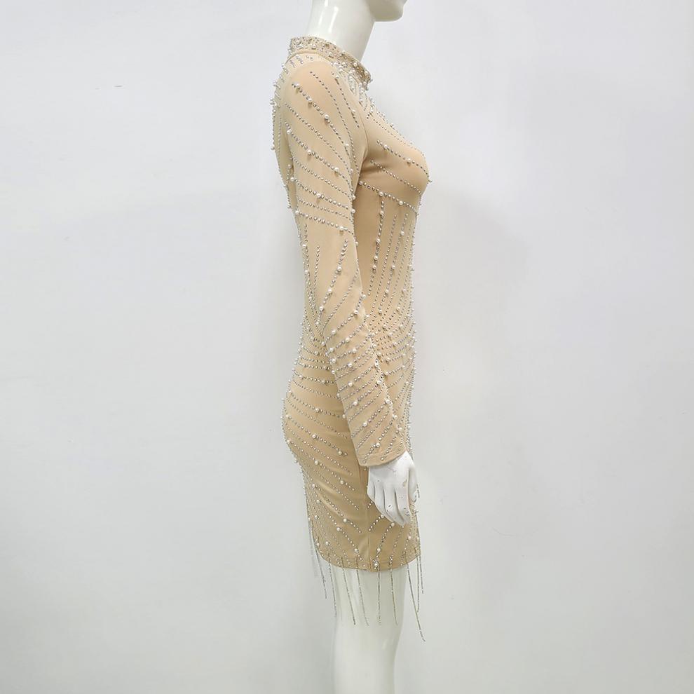 Heavy  Pearl Rhinestone Stretch Side Seam Tassel Short Dress