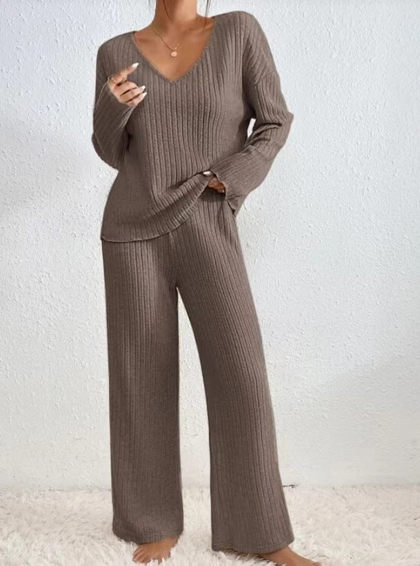Women's V-Neck Knitted Striped Lounge Set - Long Sleeve