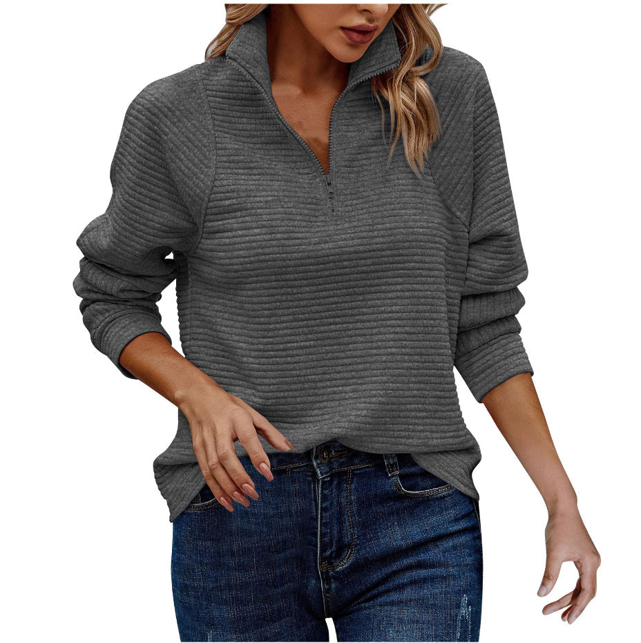 Women Striped Zip Collar Sweatshirt