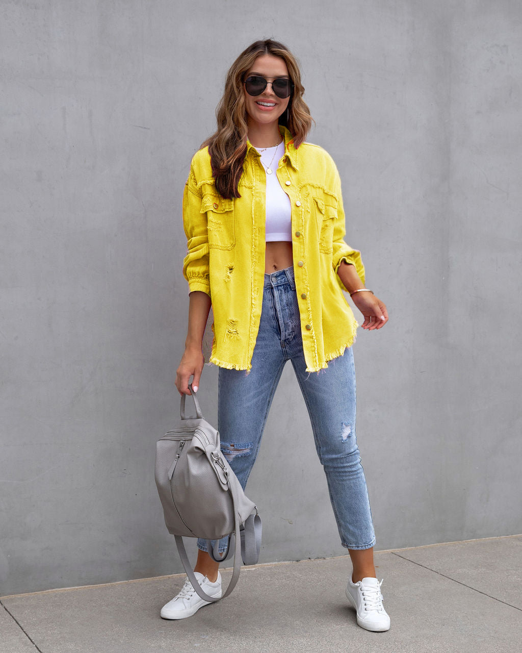 Women's Ripped Denim Shirt Jacket - Casual Spring & Autumn Top