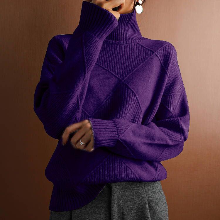 Pull chaud à col haut ample de couleur unie tricoté pour femme