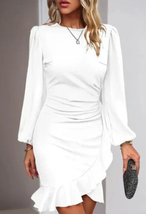 Women's Puff Sleeve Mini Dress - Solid Color Slim Fit