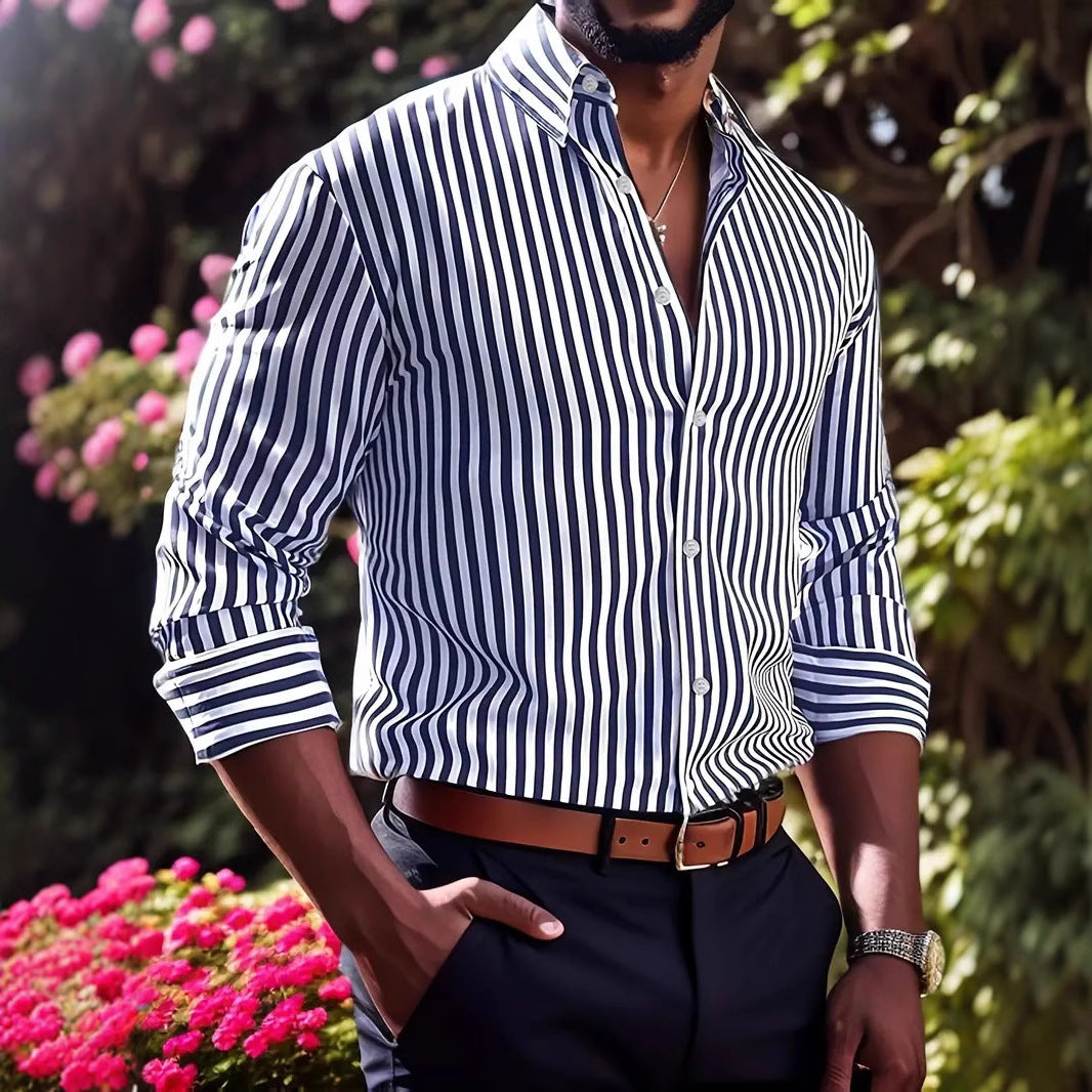 Men's Striped Long Sleeve Lapel Shirt