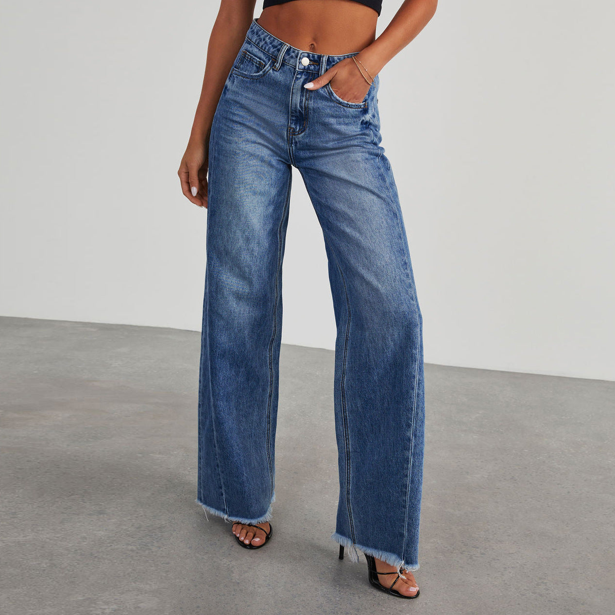 Women's High Waist Straight Wide-Leg Jeans with Pockets