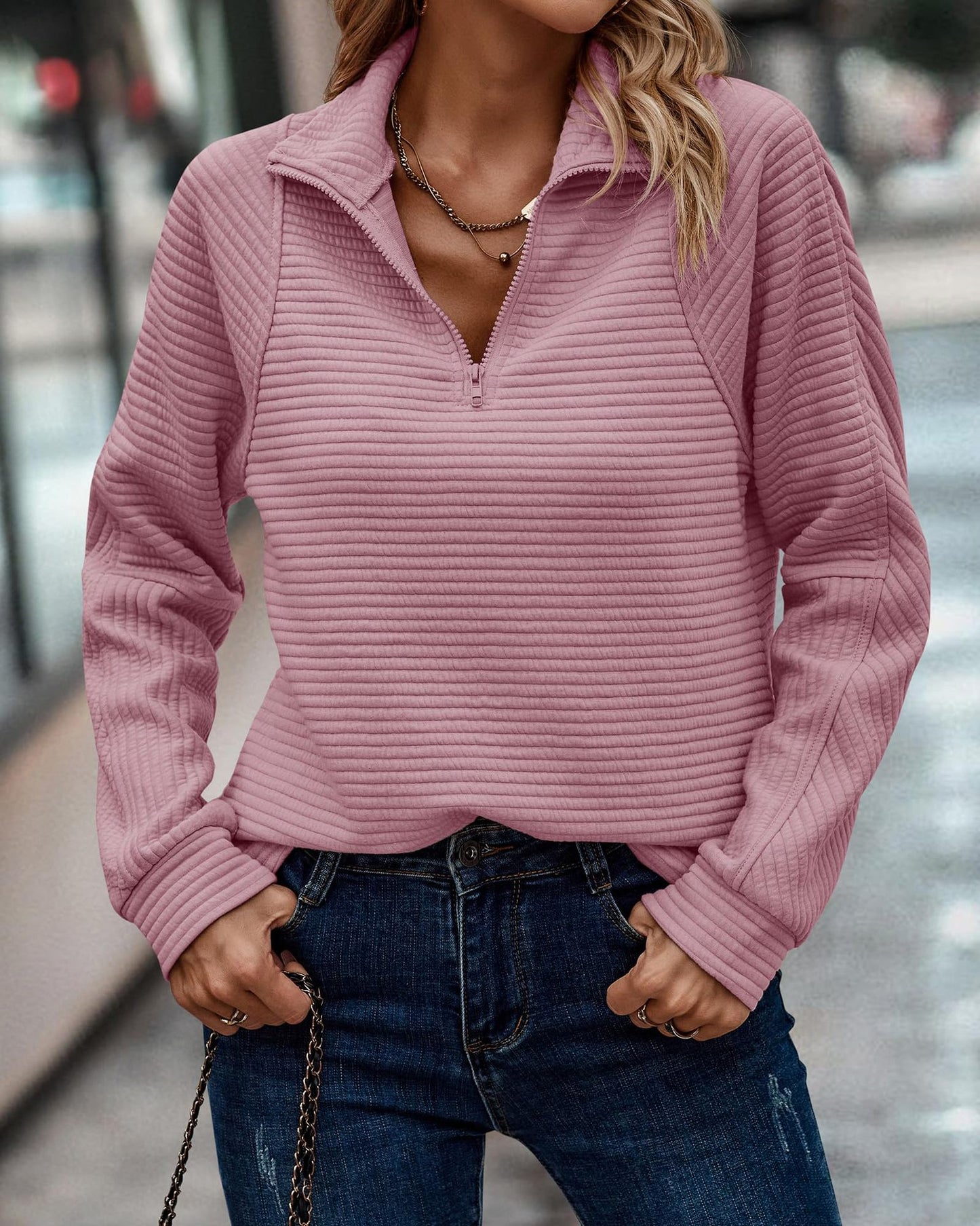 Women Striped Zip Collar Sweatshirt