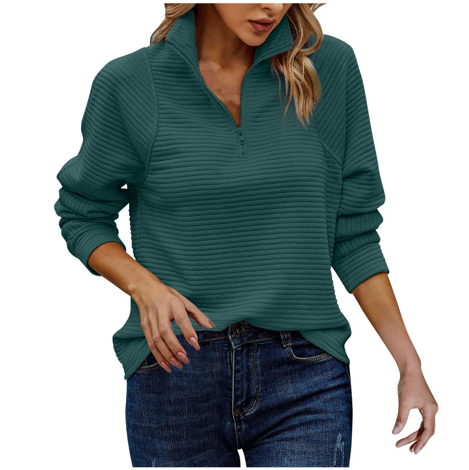 Women Striped Zip Collar Sweatshirt