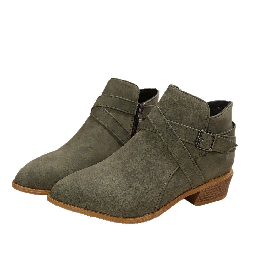 Women's Chunky-Heel Leather Belt-Clasp Side-Zip Ankle Boots