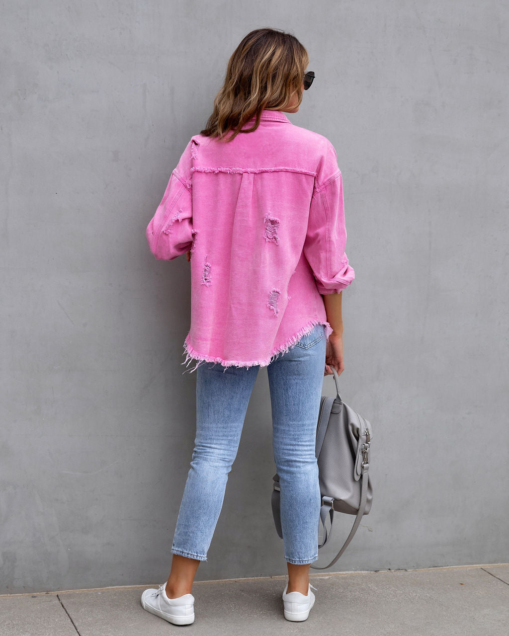 Women's Ripped Denim Shirt Jacket - Casual Spring & Autumn Top