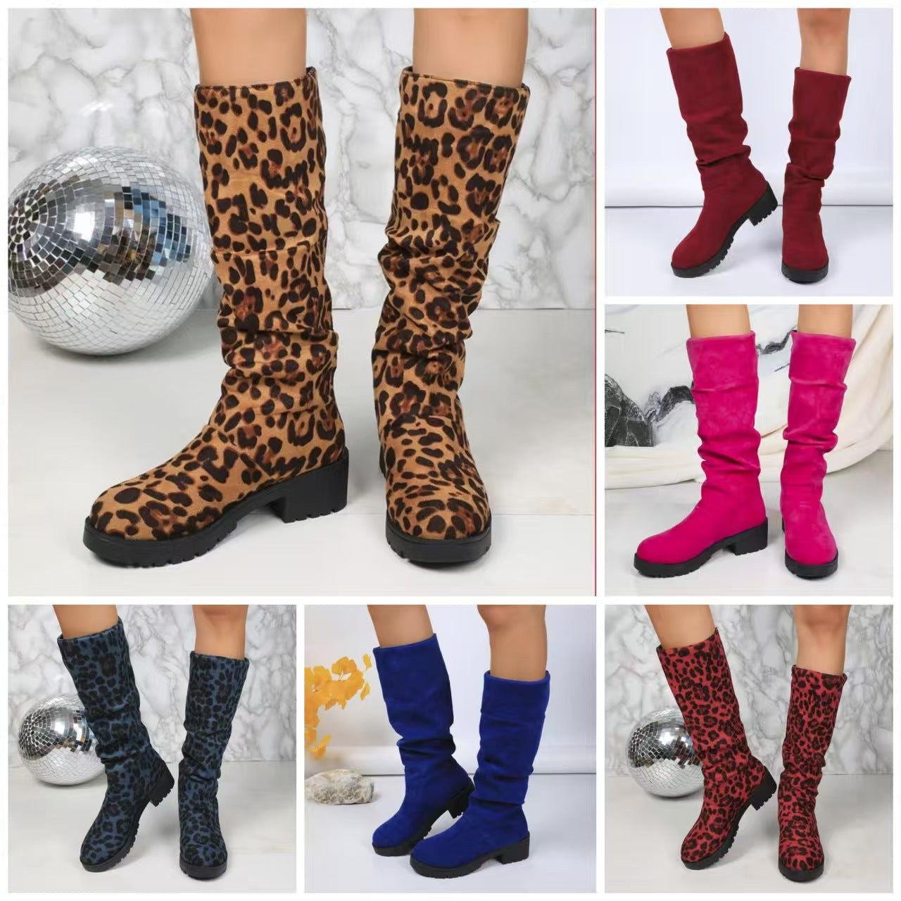 Bottines plissées polyvalentes en daim à talon carré imprimé léopard