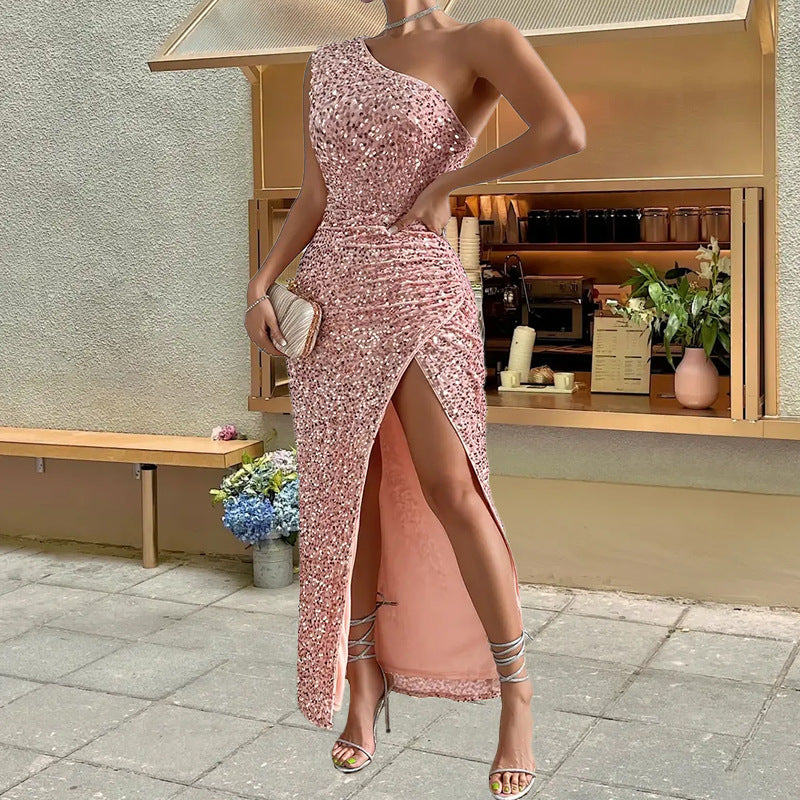 Elegant Sequined Shoulder Split Solid Color Dress Slim  Dress Casual Asymmetric Sleeveless Long Dress