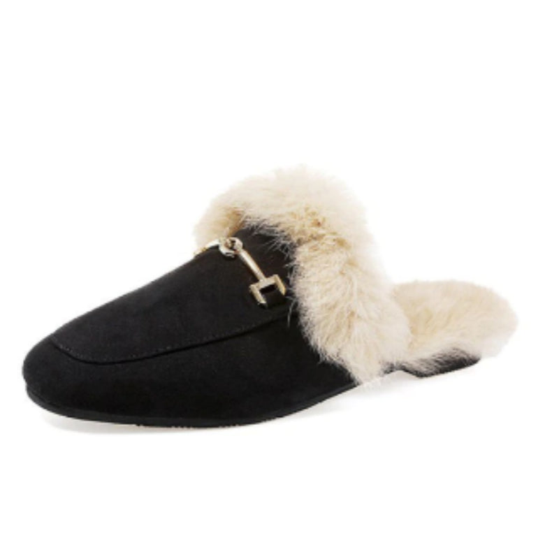 Women's Suede & Velvet Flat-Bottom Slippers - Cozy Fur Lined Comfort Shoes