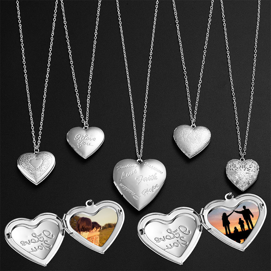 Heart Locket Photo Pendant Necklace - Carved Love Design