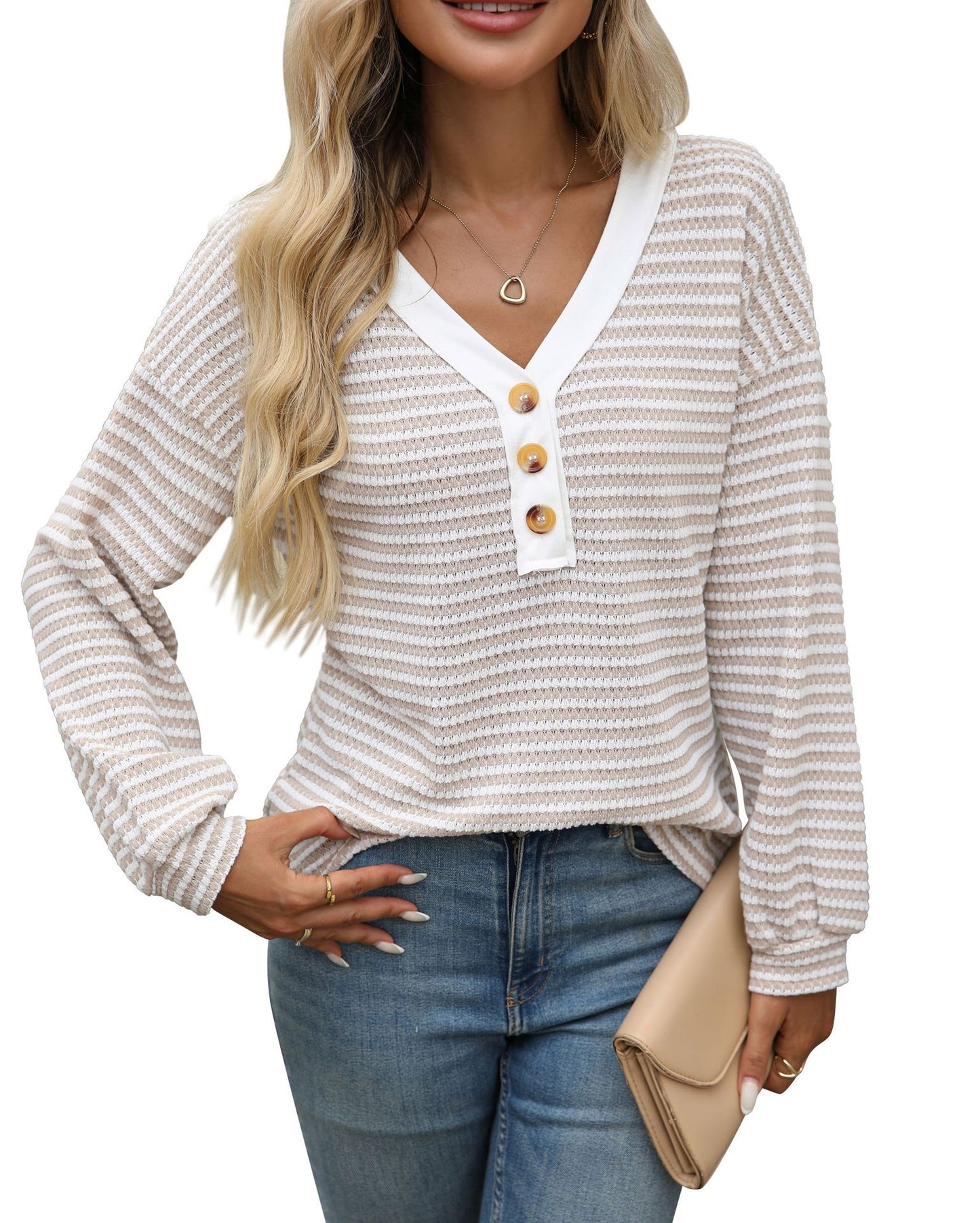 Women's V-Neck Button Pullover - Patchwork Long Sleeve Top