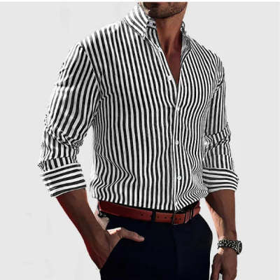 Men's Striped Long Sleeve Lapel Shirt