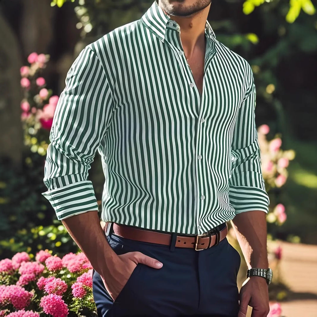 Men's Striped Long Sleeve Lapel Shirt