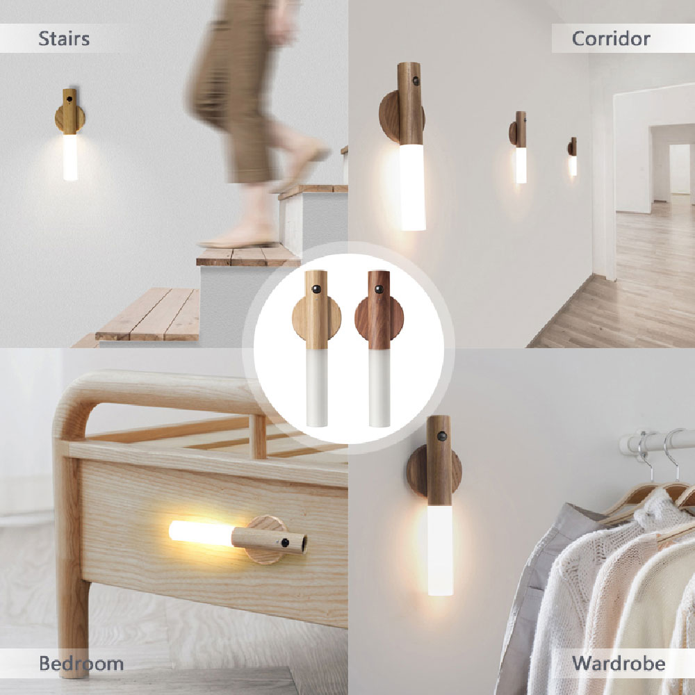 Magnetic Wooden LED Night Light with Motion Sensor - USB Rechargeable Wall Light