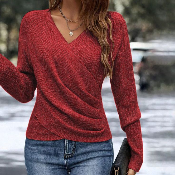 Women's V-Neck Cross Front Knitted Sweater - Long Sleeve