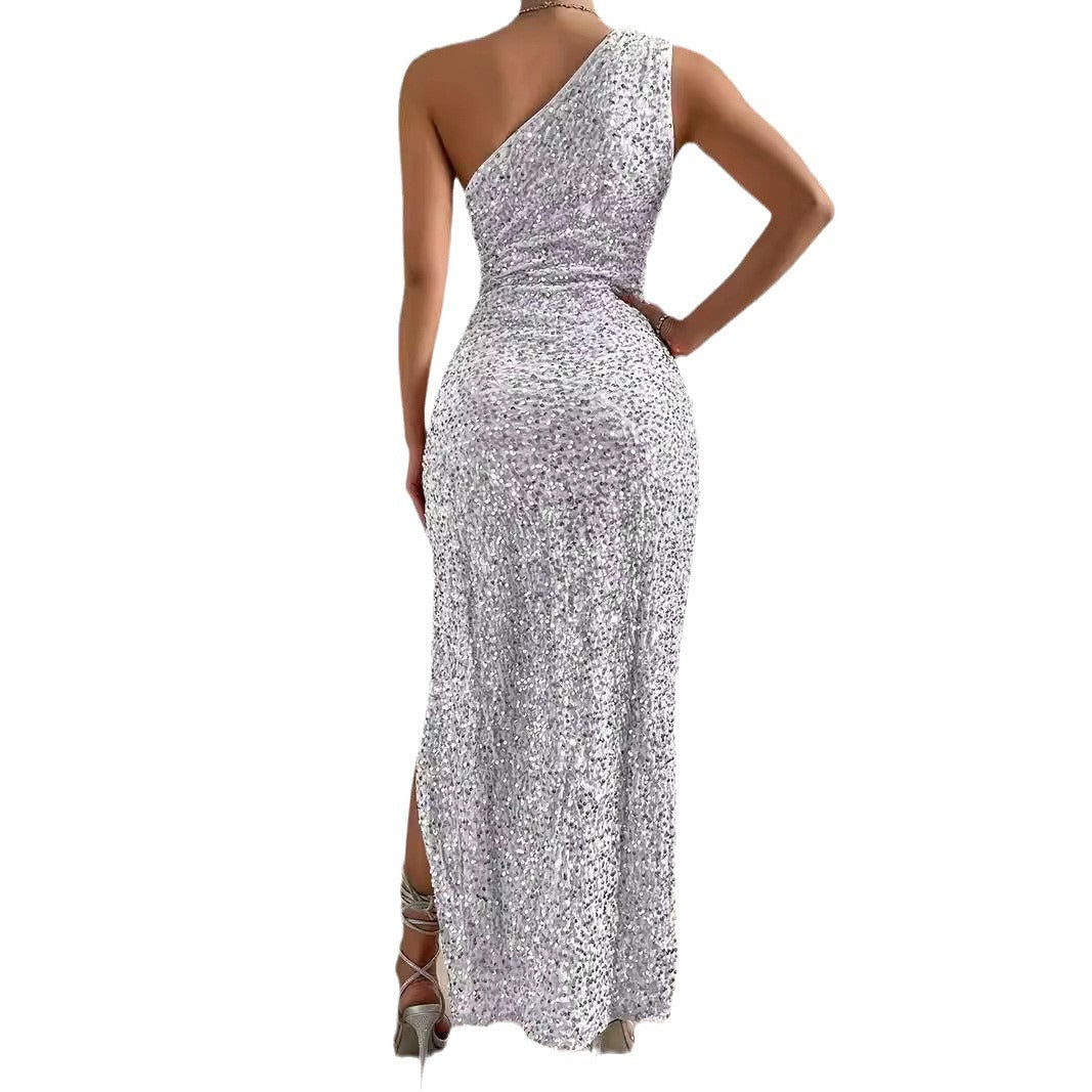 Elegant Sequined Shoulder Split Solid Color Dress Slim  Dress Casual Asymmetric Sleeveless Long Dress