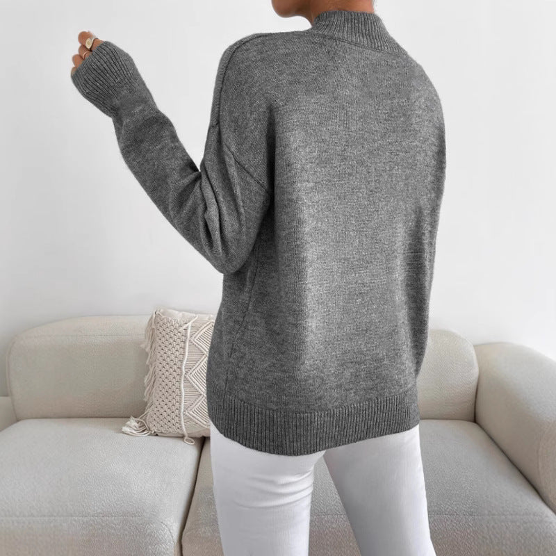 Women's Half-High Collar Knitted Pullover - Solid Color Loose Fit