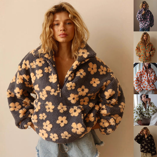 Winter Flowers Lambskin Sweatshirt with Pockets