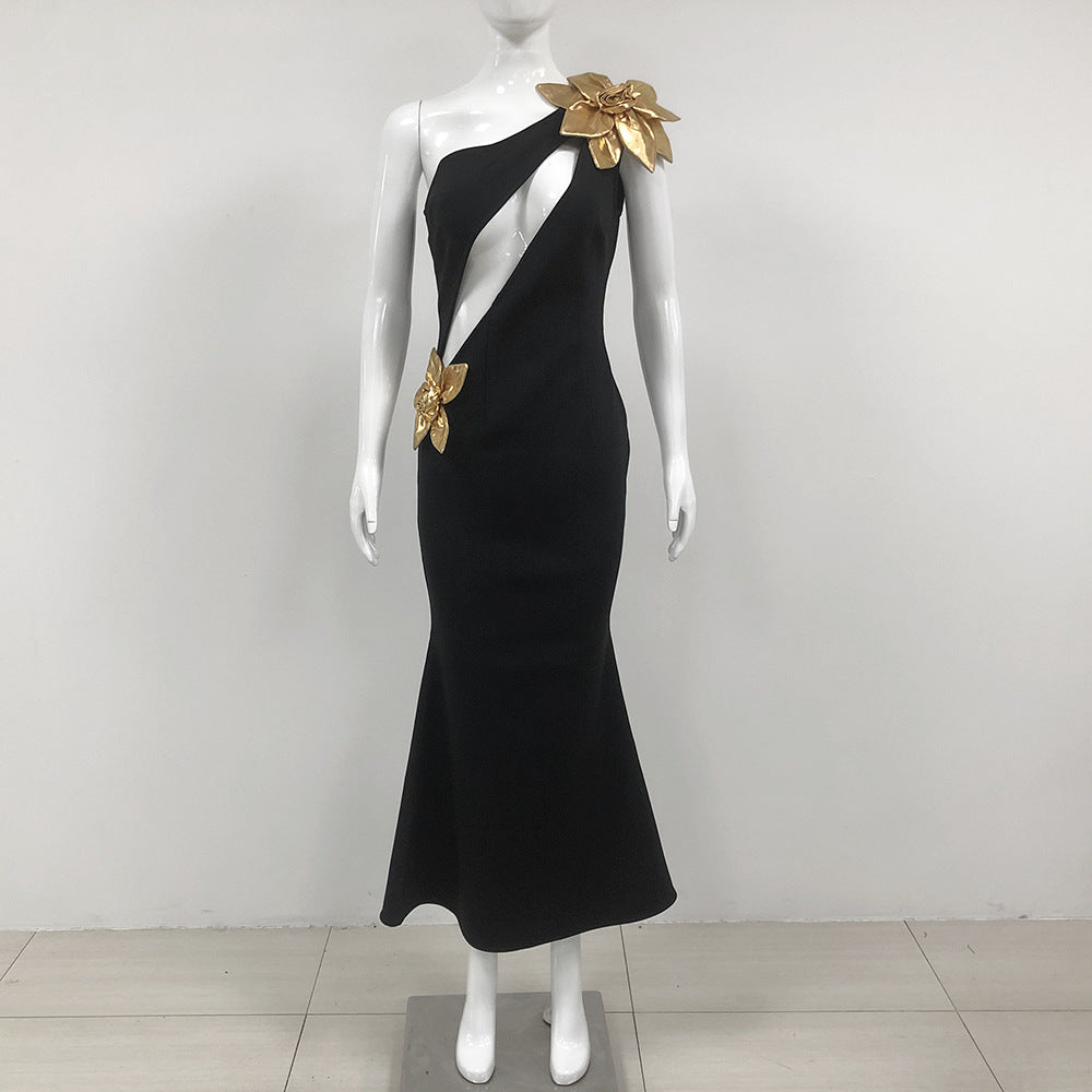 Slim-Fit Golden Floral Bodycon Dress – Black