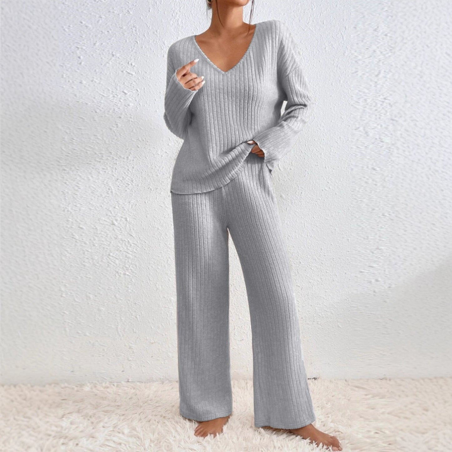 Women's V-Neck Knitted Striped Lounge Set - Long Sleeve