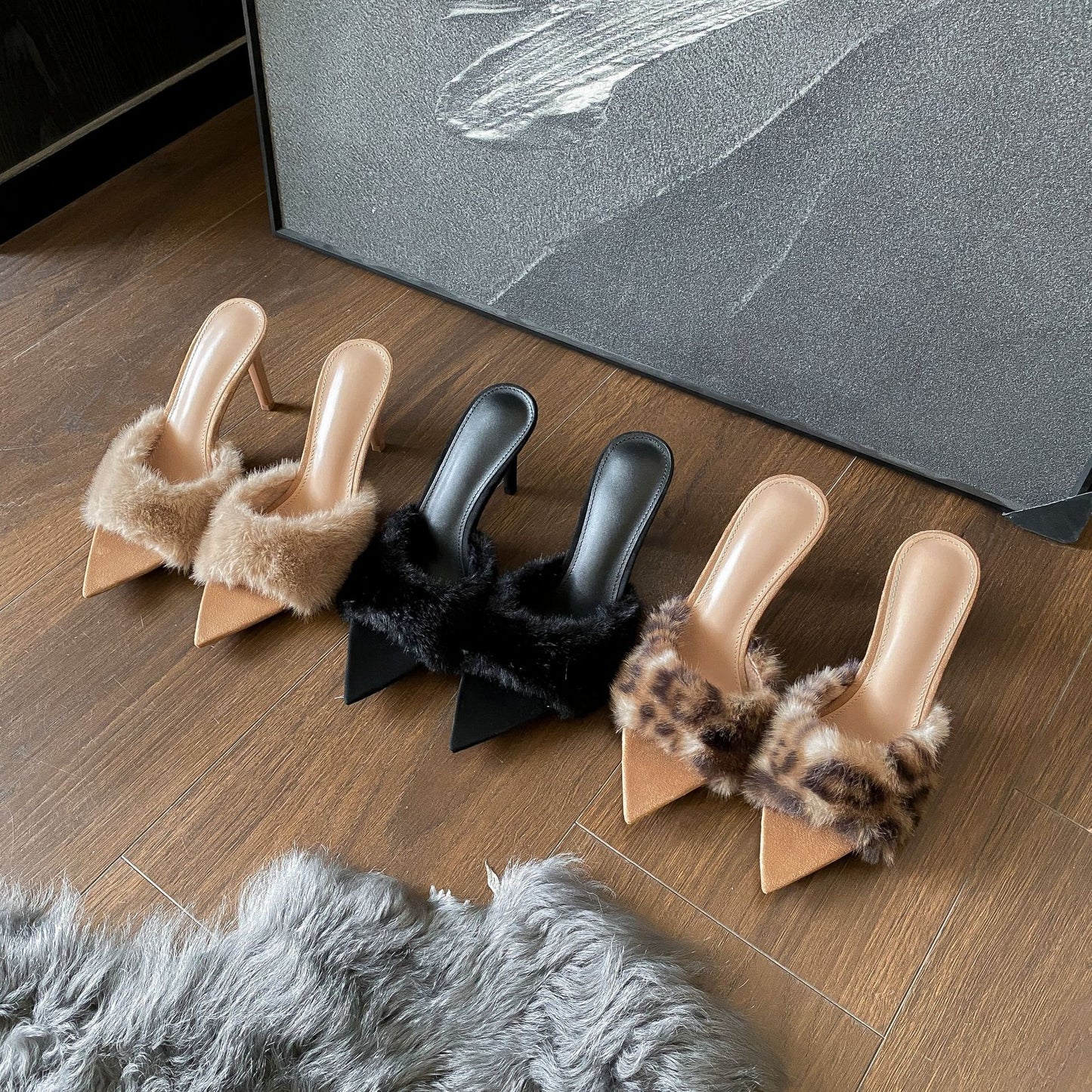 Women's Luxury Plush High-Heel Slippers - Elegant Pointed-Toe Design with Non-Slip Sole