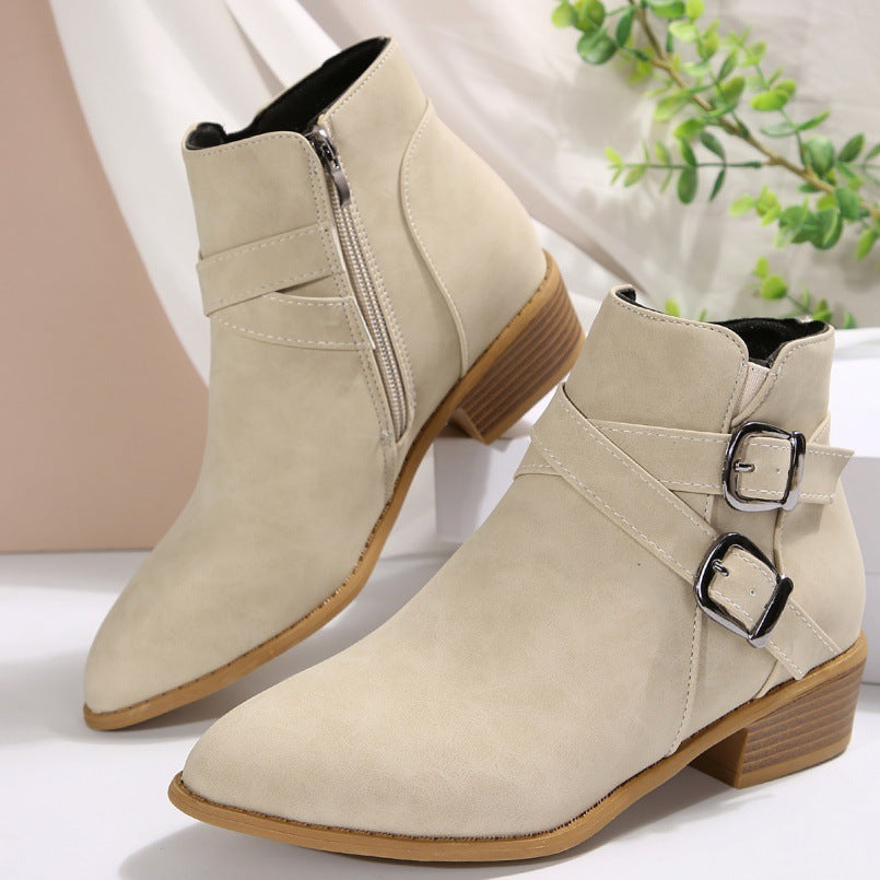 Women's Chunky-Heel Leather Belt-Clasp Side-Zip Ankle Boots