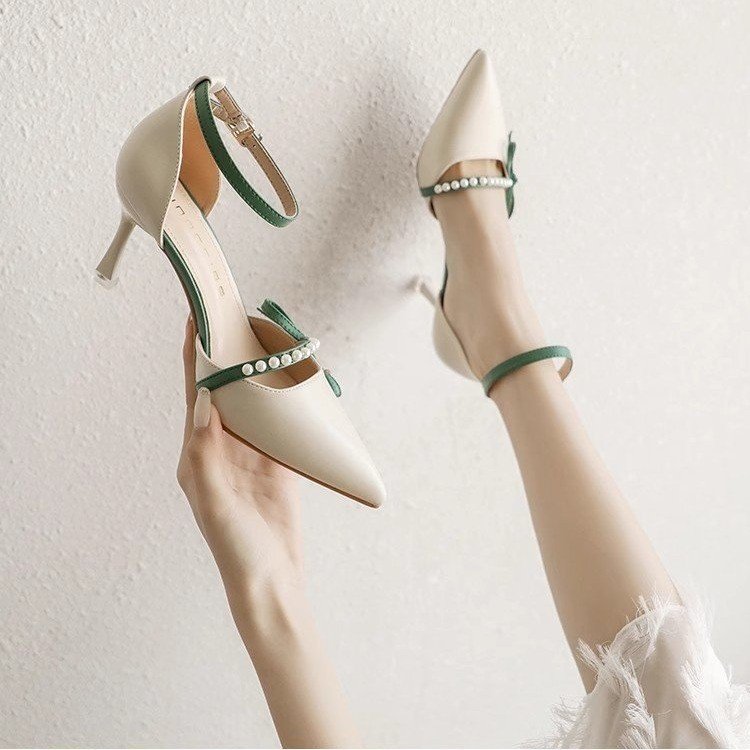 Women's White Pointed-Toe Stiletto Pumps - Elegant French Heel with Versatile Ankle Strap