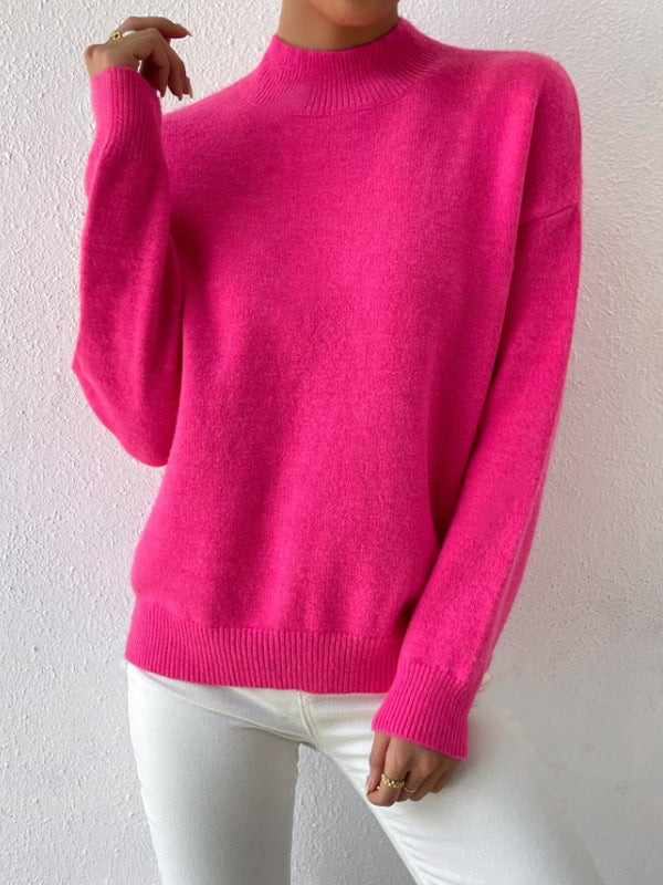 Women's Half-High Collar Knitted Pullover - Solid Color Loose Fit