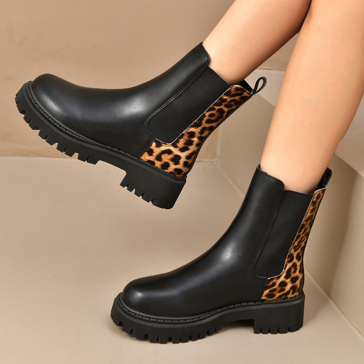 Bottes décontractées tout-aller à bout rond, talon épais et patchwork