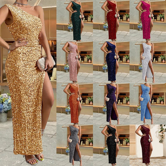 Elegant Sequined Shoulder Split Solid Color Dress Slim  Dress Casual Asymmetric Sleeveless Long Dress