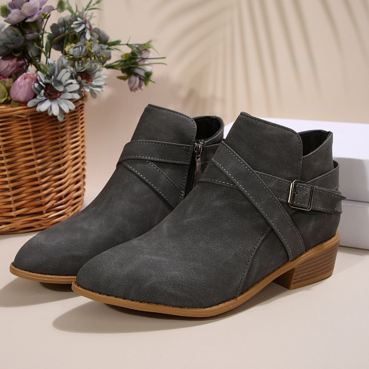 Women's Chunky-Heel Leather Belt-Clasp Side-Zip Ankle Boots