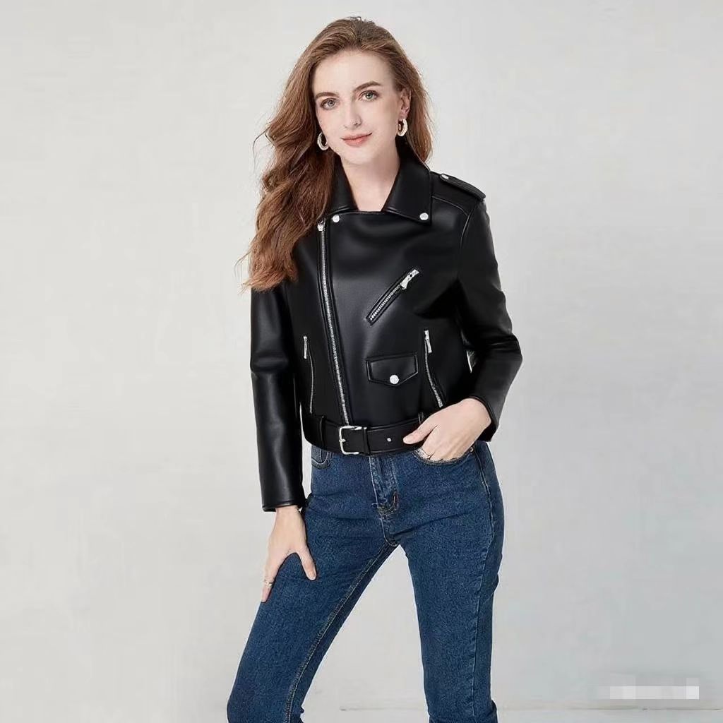 Blouson de motard zippé ajusté délavé pour femme