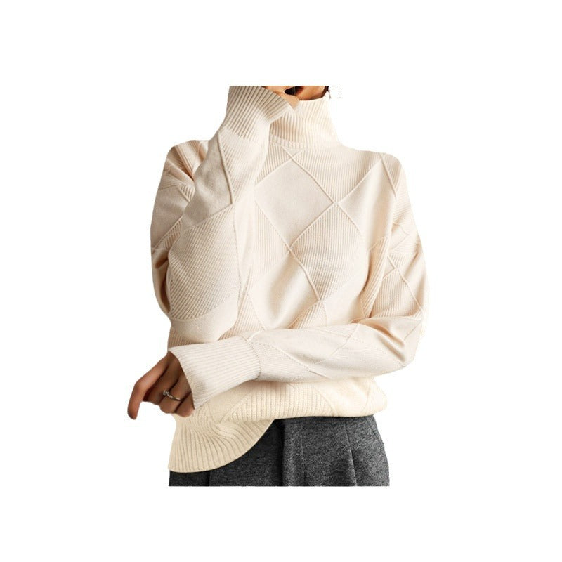 Pull chaud à col haut ample de couleur unie tricoté pour femme