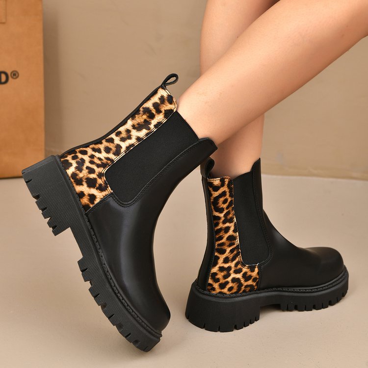 Bottes décontractées tout-aller à bout rond, talon épais et patchwork