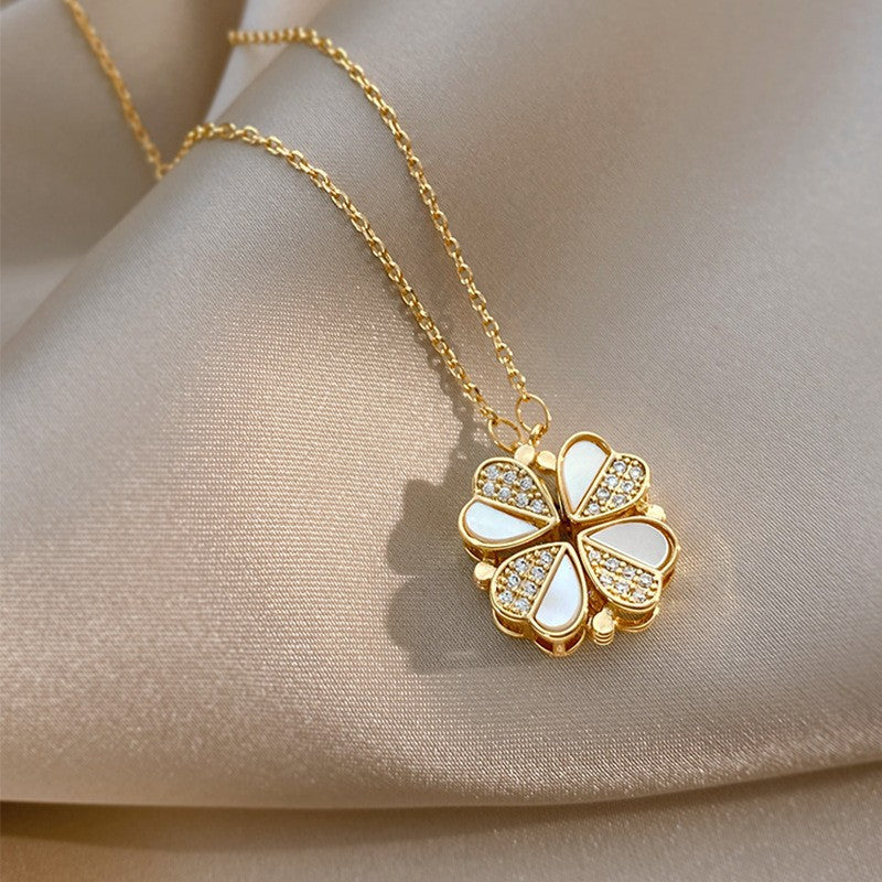 Four Leaf Clover Heart Necklace - Stainless Steel Crystal Pendant