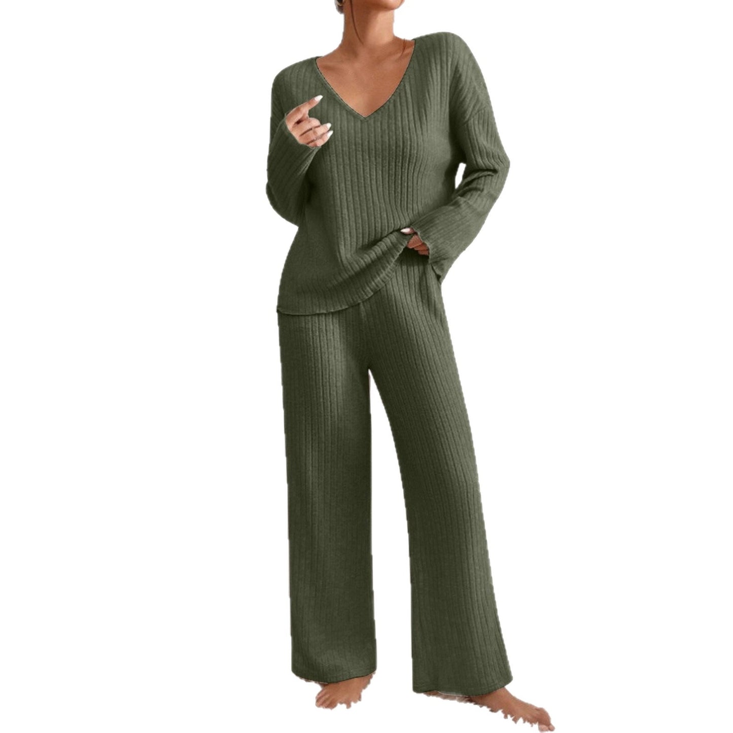 Women's V-Neck Knitted Striped Lounge Set - Long Sleeve