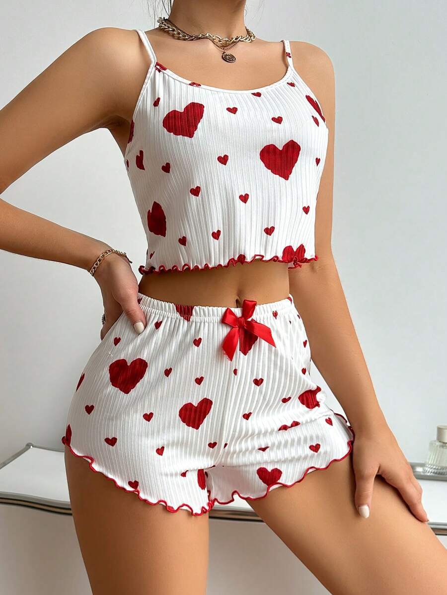 Heart Print Suspender Shorts – Striped Lounge Set