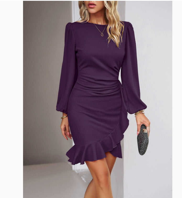 Women's Puff Sleeve Mini Dress - Solid Color Slim Fit