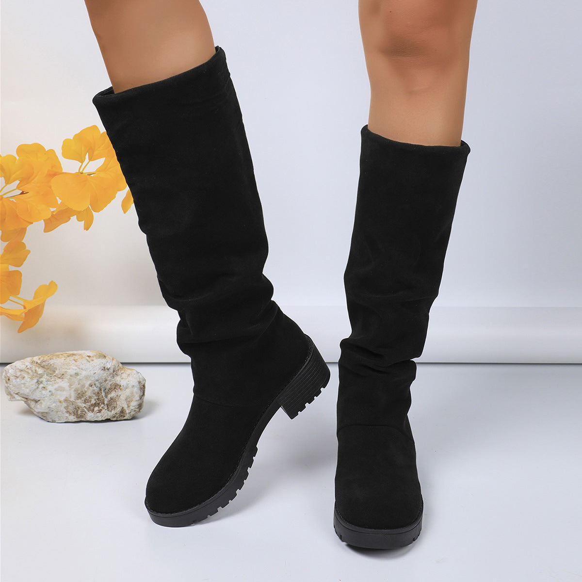 Bottines plissées polyvalentes en daim à talon carré imprimé léopard