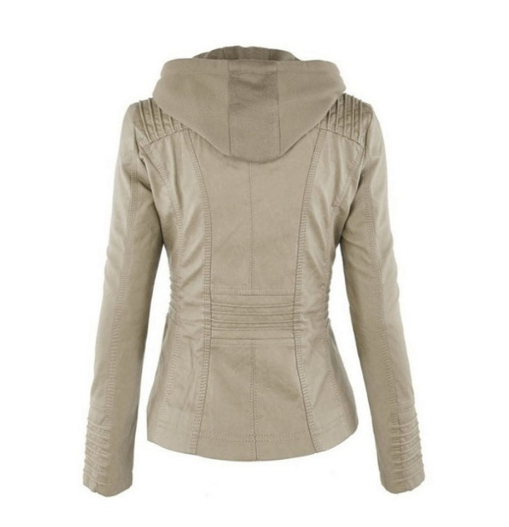 Women's Hooded Leather Jacket - Detachable Hood with Pockets