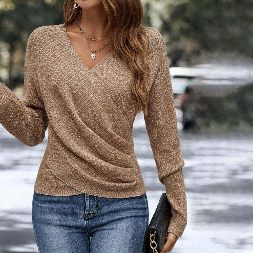 Women's V-Neck Cross Front Knitted Sweater - Long Sleeve