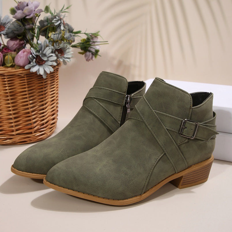 Women's Chunky-Heel Leather Belt-Clasp Side-Zip Ankle Boots