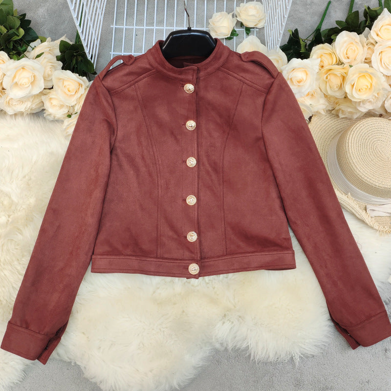 Women's Fashion Retro Long Sleeve Waist length Suede Jacket