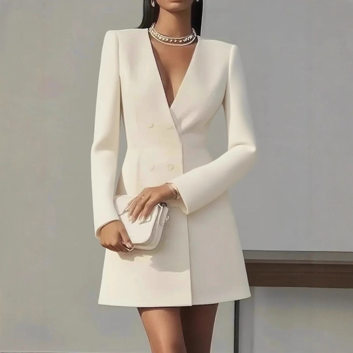 Robe française unie à col en V style tailleur pour femme