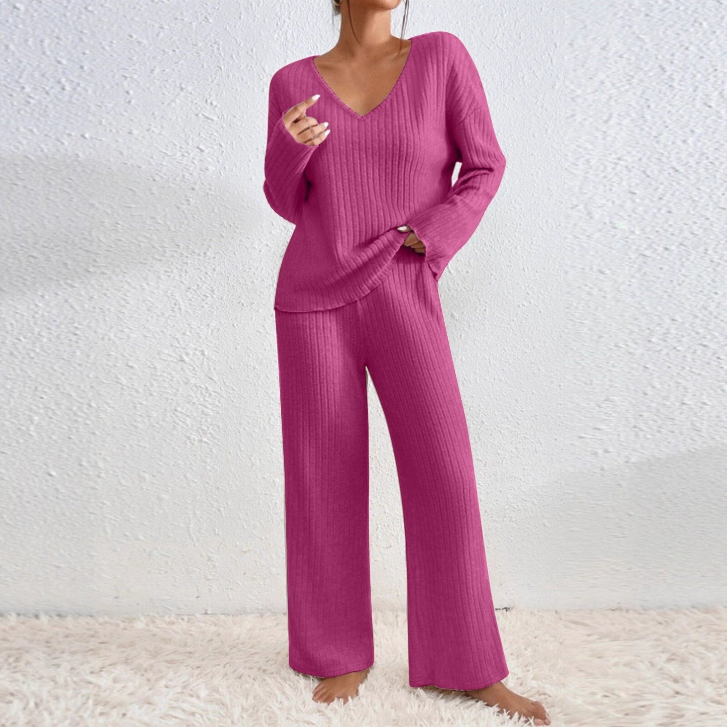 Women's V-Neck Knitted Striped Lounge Set - Long Sleeve